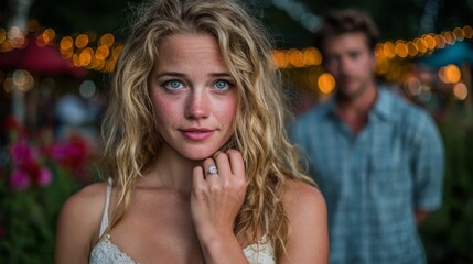 Romantic couple with dreamy bokeh lights in the background, highlighting emotions of love and connection in a beautiful outdoor setting at dusk