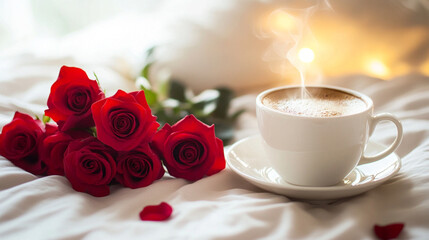 Romantic Valentines Day Breakfast in Bed Featuring Fresh Red Roses and a Steaming Cup of Coffee for Couples