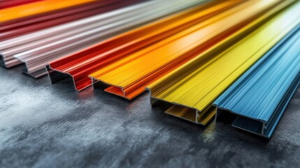 Colorful aluminum profiles lie on a dark surface, arranged in a row. Ideal for showcasing construction materials or color palettes with style.