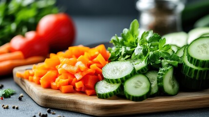 A colorful arrangement of freshly chopped cucumbers, carrots, and greens on a rustic wooden cutting board, symbolizing healthy eating and vibrant flavors in cooking.