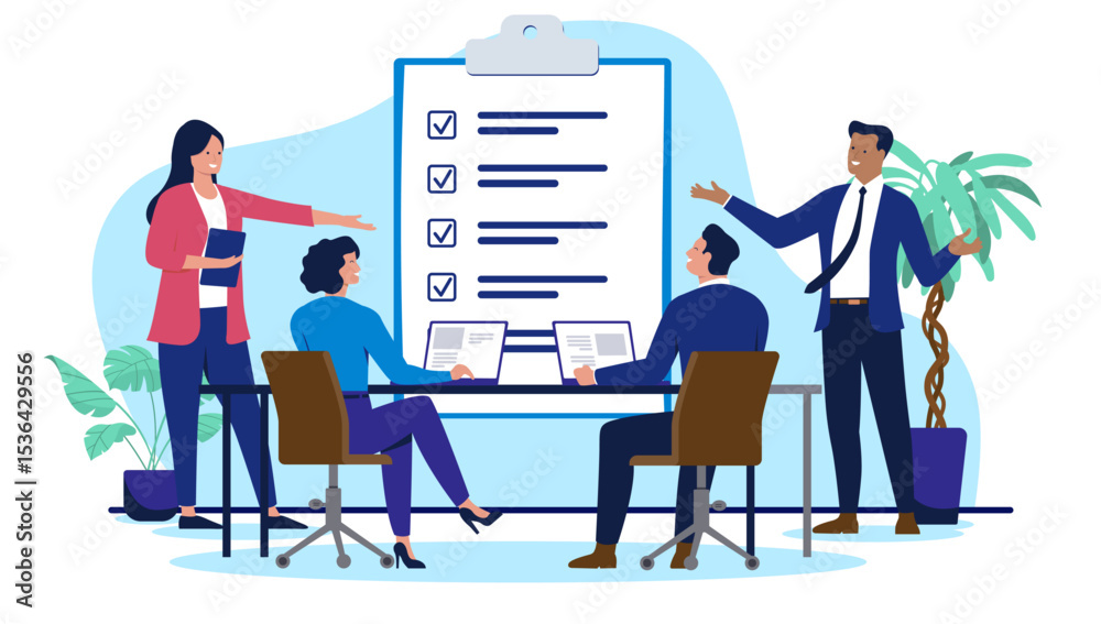 Poster businesspeople team in a meeting, reviewing a large checklist representing a business plan or projec