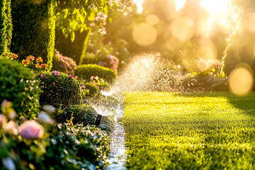 Vibrant garden scene with blooming flowers and lush green grass, featuring a sprinkler system watering the plants under warm sunlight, creating a serene outdoor atmosphere