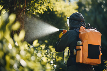 Individual wearing protective gear sprays pesticide on plants in a lush garden, showcasing the importance of pest control and environmental care in agricultural practices