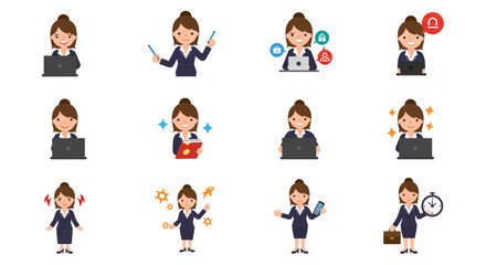 Cartoon Style Businesswoman Character with Different Activity and Emotion Illustration