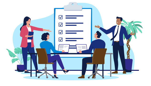 Businesspeople team in a meeting, reviewing a large checklist representing a business plan or project tasks, with colleagues working on laptops and presenting ideas. Flat design vector illustration