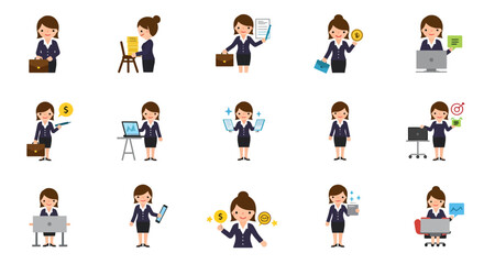 Flat Illustration of Businesswoman Character in Different Poses and Activity Set