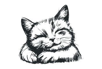 Obraz premium Hand-drawn illustration of a sleeping cat with closed eyes and paws. Vector retro hand drawn illustration