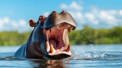 Fototapeta premium A majestic hippo opens its mouth wide in the water, showcasing its impressive size and raw power while enjoying a sunny day in its natural habitat.