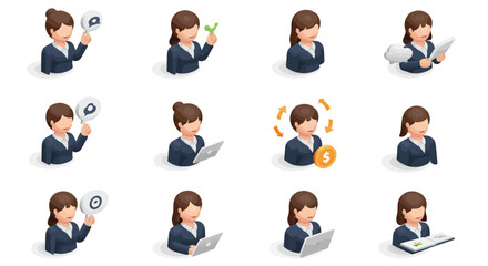 Isometric Businesswoman Character Set with Different Gestures and Props Illustration