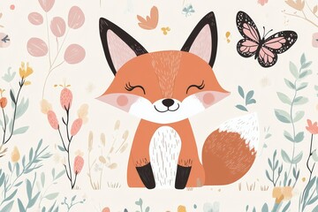 Fototapeta premium smiling fox with butterfly, calm scandinavian palette, vector art for baby textile