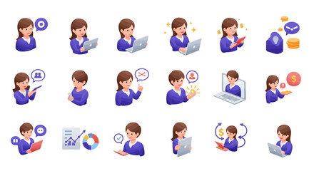 Isometric Woman Working with Device and Money Icon Set Illustration