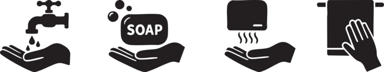 Hand Washing Steps Icons - Hygiene & Sanitation Signage
