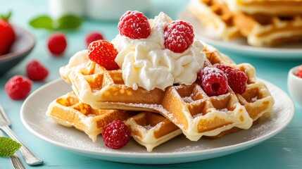 A scrumptious stack of waffles garnished with whipped cream and fresh strawberries and raspberries, perfect for breakfast or brunch lovers who appreciate delightful desserts.
