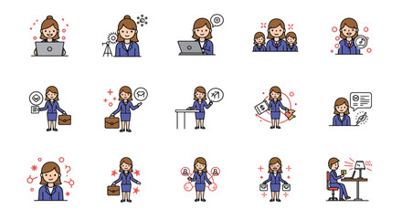 Simple Line Art Businesswoman with Different Tasks and Projects Icon Set
