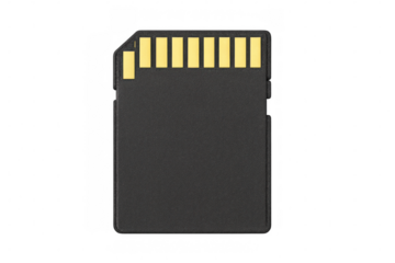 Close-up of an sd memory card, showcasing its gold connectors and sleek design, isolated on a transparent background