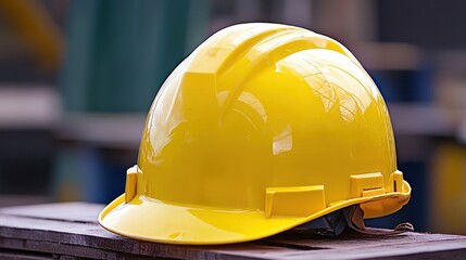 A yellow construction helmet with a reflective surface, placed on a wooden surface in a construction site.