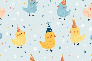 tiny chicks with party hats, cheerful minimalist repeat pattern, soft vector style