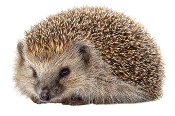 Fototapeta premium A hedgehog mid-curl spines flaring outward as it tucks its nose under its belly isolated on transparent background . Ultra-sharp detail on quills and soft underbelly fur. 