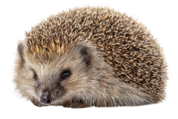 A hedgehog mid-curl spines flaring outward as it tucks its nose under its belly isolated on transparent background . Ultra-sharp detail on quills and soft underbelly fur. 