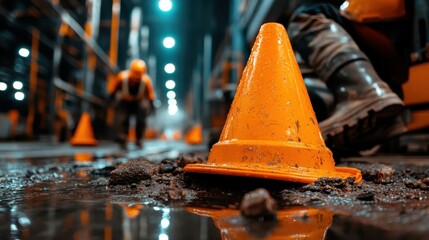 An orange traffic cone stands prominently on a wet floor, surrounded by construction elements, illustrating safety and alertness in a busy industrial environment.