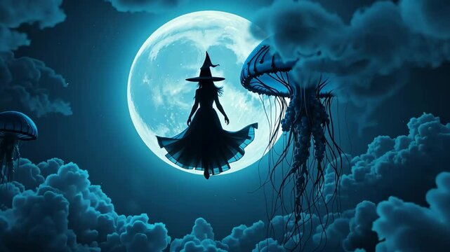 Silhouetted witch flying across moonlit night sky with jellyfish in clouds, glowing full moon backdrop. Concept of fantasy dreamscape and magic