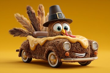 A turkey-feathered car with pilgrim hat goggles eating pumpkin pie, Thanksgiving gravy splashes on fun yellow background