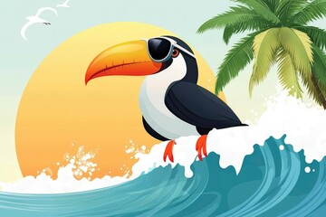 Fototapeta premium toucan surfing on wave with sunglasses, tropical summer vector cartoon