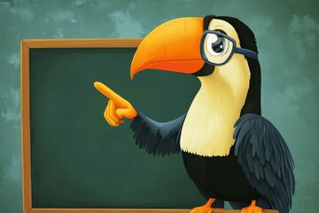 toucan teacher in glasses pointing at blackboard, educational theme vector