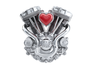 A shiny chrome motorcycle engine with two V-8 exhaust pipes, in the center of which is a red heart-shaped valentine symbol on transparent background