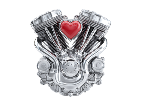 A shiny chrome motorcycle engine with two V-8 exhaust pipes, in the center of which is a red heart-shaped valentine symbol on transparent background