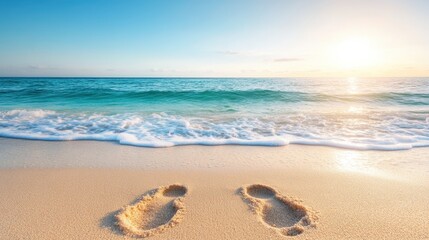 Footprints on a sandy beach as waves gently lap at the shore under a colorful sunset, evoking feelings of peace, tranquility, and a connection to nature’s beauty.