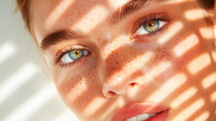 A close-up portrait of a young woman lit with artistic shadows playing across her face, highlighting her features and creating an emotional and captivating visual story.
