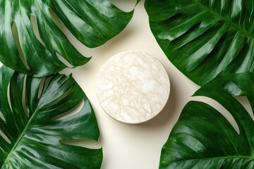 Marble podium surrounded by vibrant green monstera leaves, overhead. Display products or showcase a brand with tropical, natural elegance.