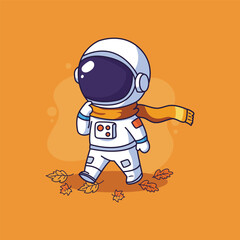 Cute astronaut cartoon with leafs in autumn and space suit vector illustration graphic design