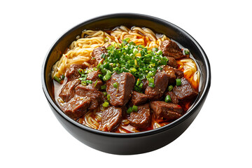Fototapeta premium Noodles with beef in black bowl isolated on transparent background