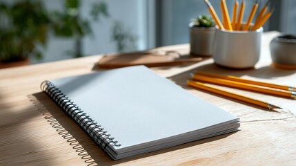 Blank Notebook and Pencils on a Wooden Desk