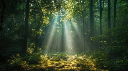 Fototapeta premium Sunlight streaming through trees in a dense forest illuminating the forest floor with a bright glow