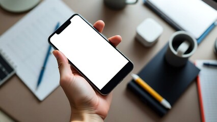 Hand holding smartphone with blank screen at desk