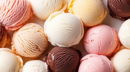An enticing array of ice cream scoops in various flavors, including chocolate, strawberry, and vanilla, inviting indulgence and nostalgia for sweet treats during summer days.