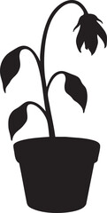 Wilted Potted Plant Silhouette - Black and White Floral Clipart
