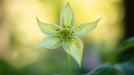 Obraz premium 30.A close-up portrait of a flower with intricate green markings on its petals, its slender stem rising elegantly against a softly blurred natural backdrop.