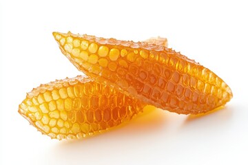 Golden beeswax honeycombs close-up are displayed on a clean white surface. Perfect for illustrating natural sweetness, healthy food, or beekeeping concepts.