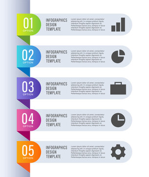 Vertical infographic template for business presentations. Five steps or processes with icons and space for data