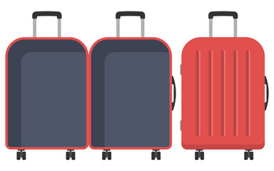 Minimalist flat illustration showing an open and closed suitcase, perfect for travel, tourism, or vacation-themed content. ideal for websites, ads, and social media focused on tourism.