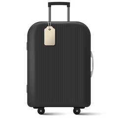 Sleek black travel suitcase with wheels and attached blank tag. Minimalist vector illustration for vacation, airport, or luggage concepts. Ideal for travel apps, packing visuals, tourism materials,