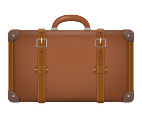 Realistic vector illustration of a vintage brown leather suitcase with belts and stitching. Isolated on white background. Ideal for travel, nostalgia, or retro-themed designs.