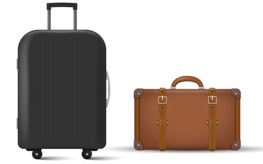 Realistic vector illustration of a modern black suitcase with wheels next to a vintage brown leather suitcase. Isolated on white background. Concept of travel evolution and style contrast.