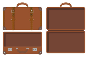 A flat vector illustration of a classic brown leather suitcase shown in closed and open views. Retro travel suitcase with belt straps, displayed from multiple angles including top and inside.