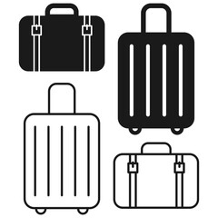 Set of minimalistic black and white icons representing different types of suitcases and travel bags. Travel luggage icon set. Suitcase vector illustration. Black and white travel icons. Minimal bag
