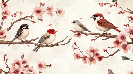 53.A harmonious design of cherry blossom trees in bloom, their branches intertwined with playful sparrows and finches, forming a seamless and elegant oriental-inspired pattern.